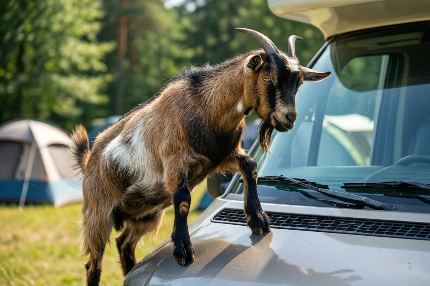 Een bruin-zwarte geit met gebogen hoorns staat op de motorkap van een zilverkleurige camper op een zonnige camping met groene bomen en een tent.