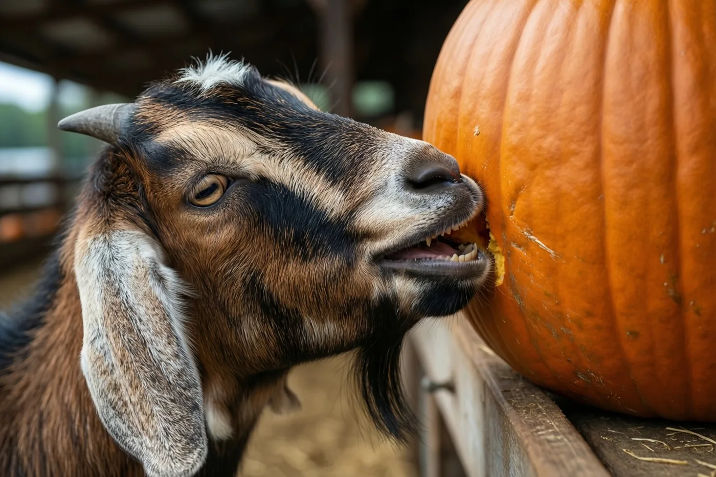 Een geit met bruine en zwarte vacht en kleine horens probeert in een grote oranje pompoen te bijten bij een boerderijkraam met houten elementen.