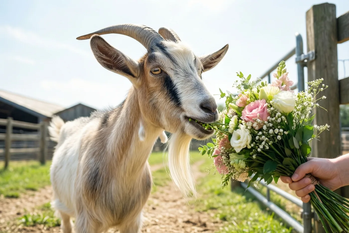 Een geit met gebogen horens eet aan een boerderijhek roze en witte bloemen uit een boeket in een mensenhand, met gras en houten omheiningen in de zon.