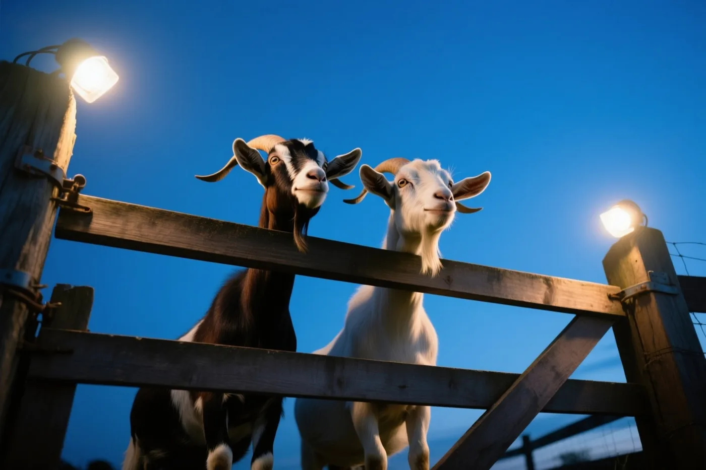 Twee geiten met gebogen horens kijken over een houten poort onder een diepblauwe schemerlucht, verlicht door twee lampen op de poortpalen.