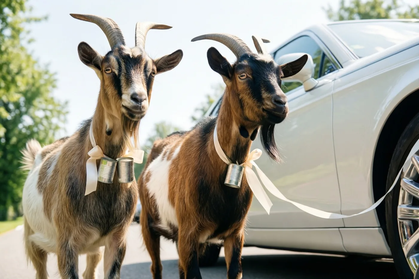 Twee geiten met witte linten en blikjes als bellen om de hals staan naast een witte trouwauto, met groene bomen op de achtergrond.