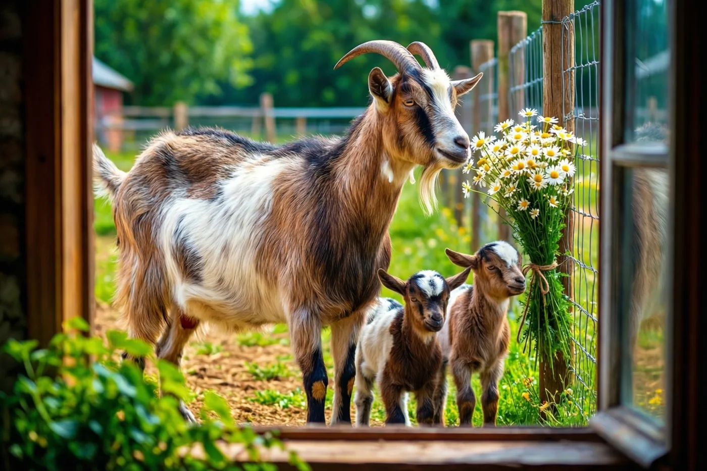 Door een houten raam is een geit met twee jongen te zien op een zonnig boerenerf met gras, aarde en margrieten aan een omheining.