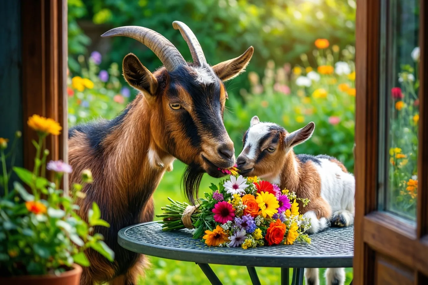 Door een houten deuropening zijn een moedergeit en haar jong te zien die aan een kleurrijk boeket op een metalen tuintafel knabbelen, met een zonnige tuin erachter.