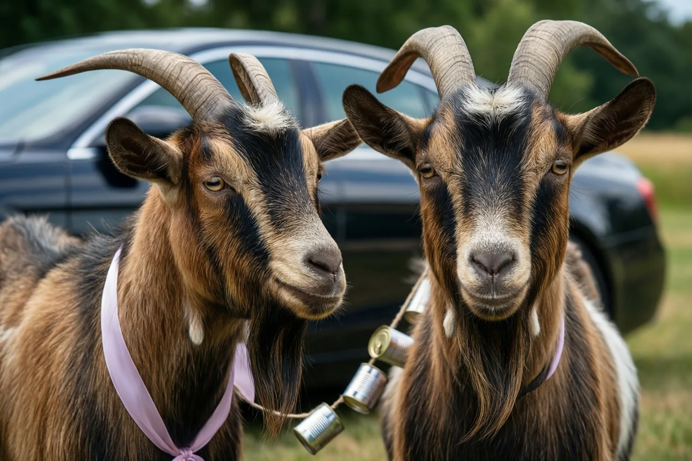 Twee geiten met gebogen hoorns en roze linten om de hals staan naast een donkere auto, met blikjes aan een touw tussen hen en bomen achter het gras.
