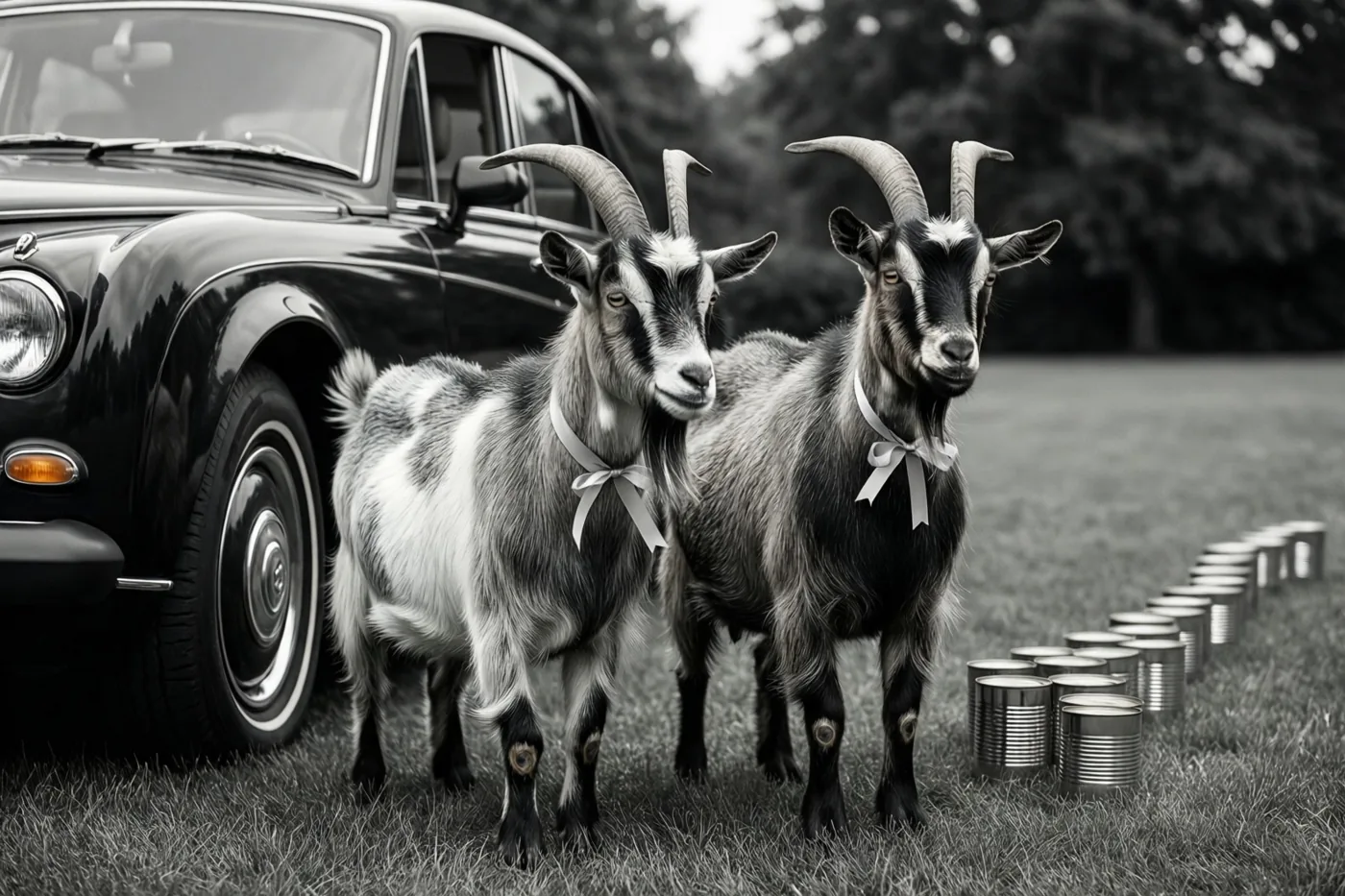 Op een zwart-witfoto staan twee geiten met witte linten om de hals op het gras naast een oude zwarte auto, met een sliert blikjes achter hen.