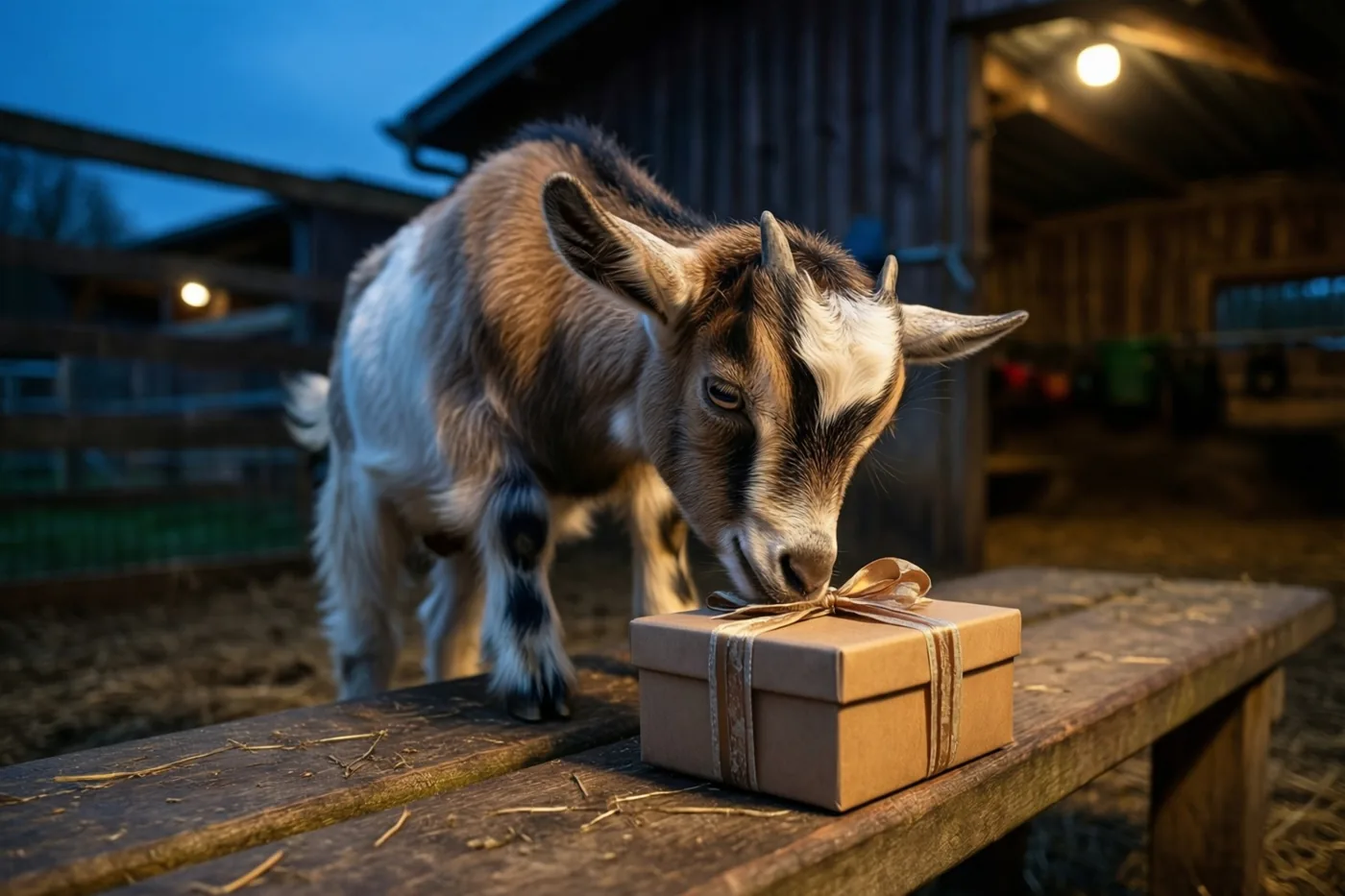Een bruin-wit geitje snuffelt aan een klein bruin cadeaudoosje met lint op een houten bank in een schuur bij schemering, met een zachtblauwe lucht op de achtergrond.