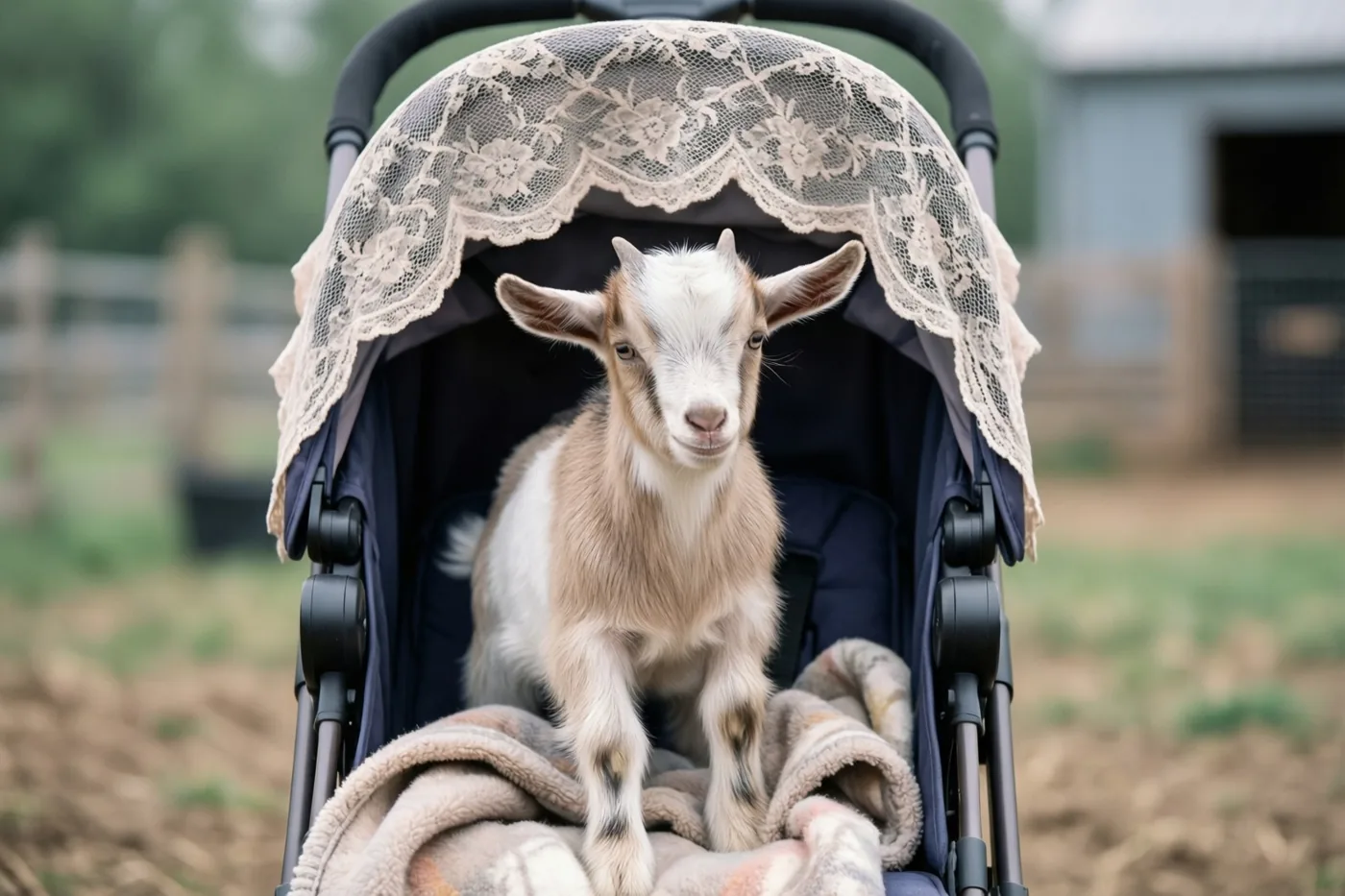 Een jong geitje zit rechtop op een deken met een patroon in een donkerblauwe kinderwagen met kanten kap, tegen een wazige achtergrond van een boerenerf.