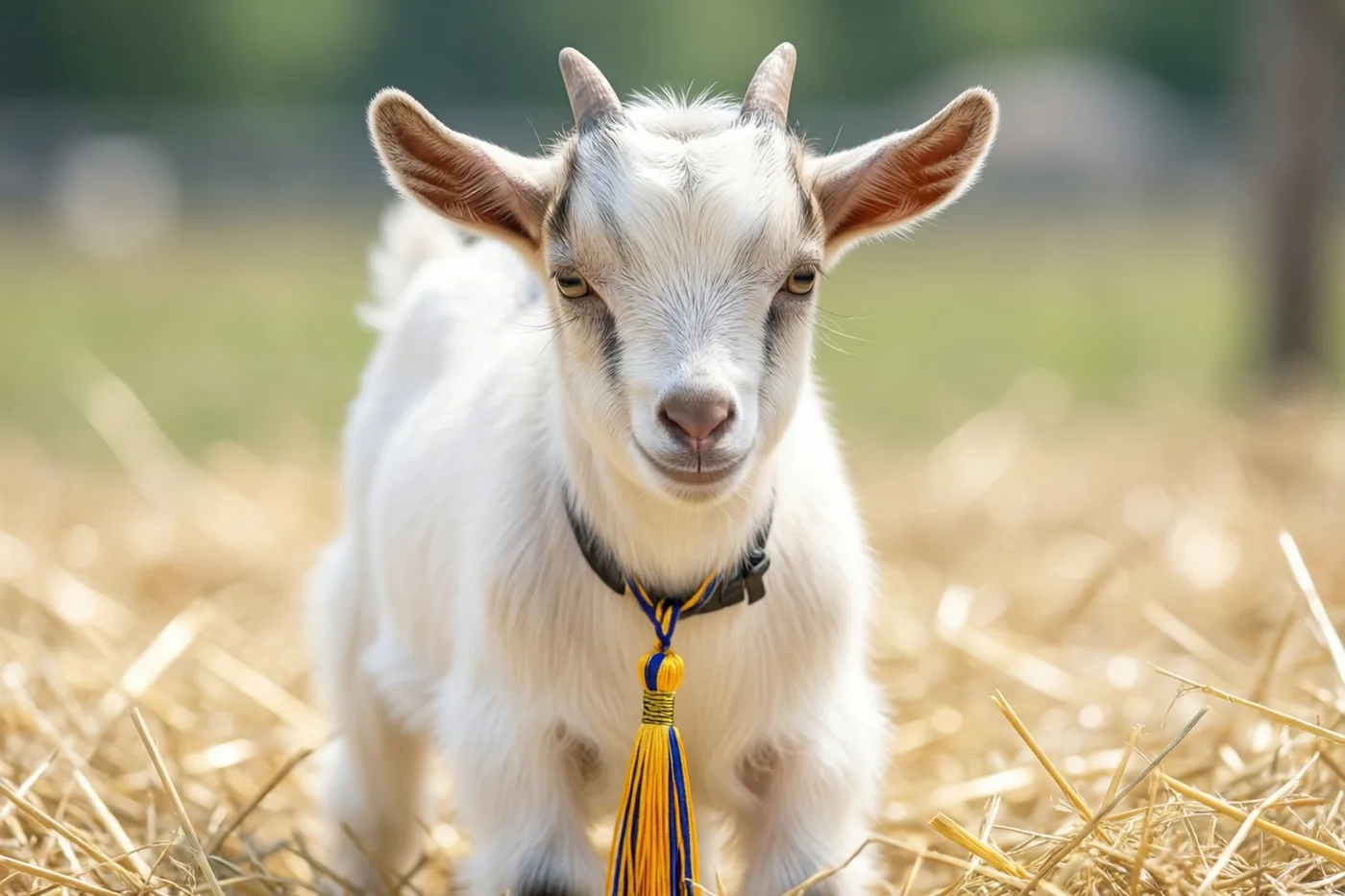 Een jong geitje met kleine hoorns en grote oren staat in het stro met een afstudeerkwastje om de hals, in helder zonlicht.