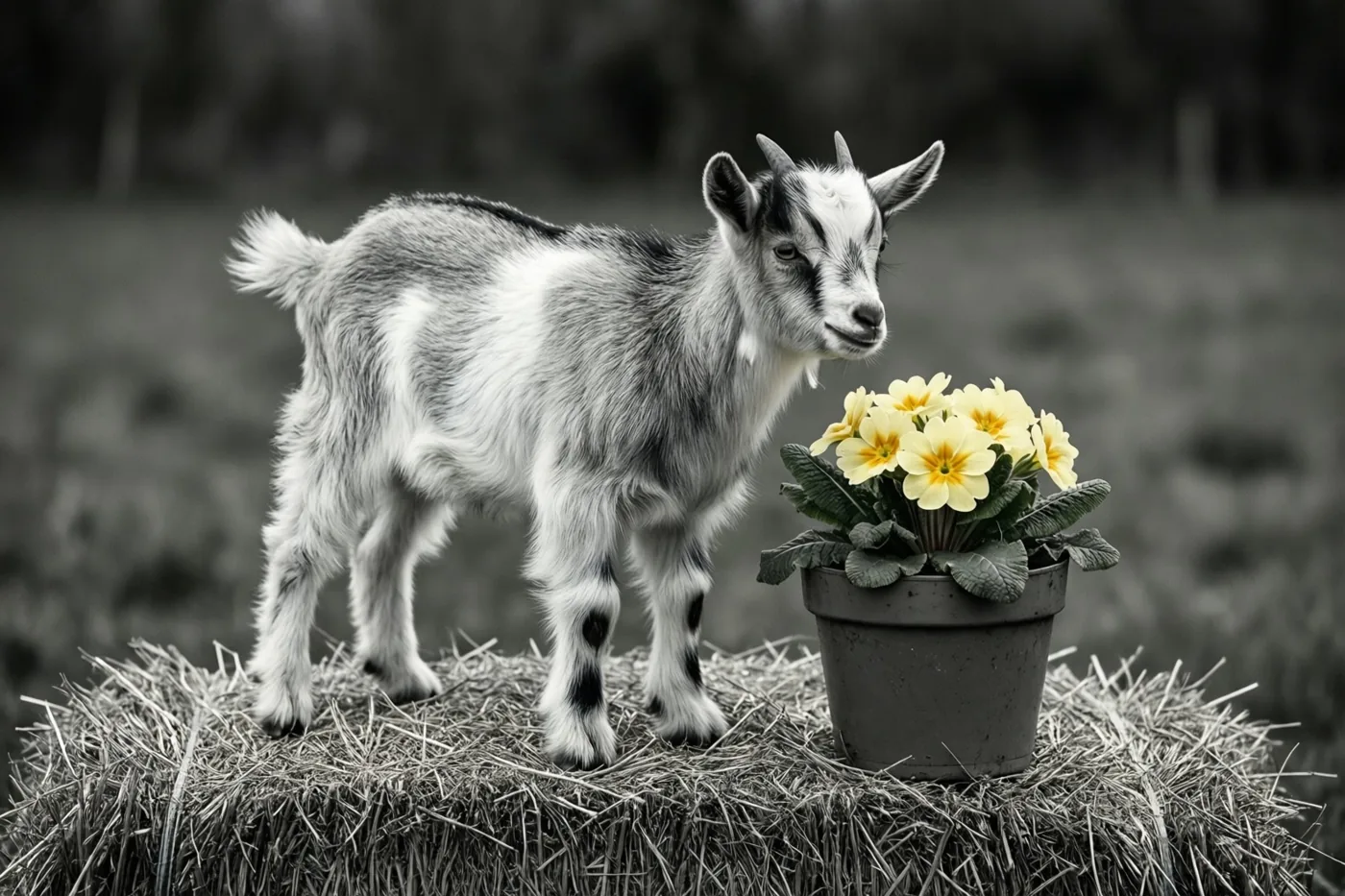 Een jong geitje staat op een hooibaal naast een pot met gele sleutelbloemen, in een grotendeels zwart-witbeeld waarin de bloemen kleur hebben.
