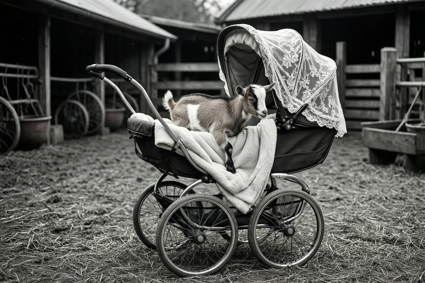 Een jong geitje zit in een kinderwagen met kanten kap en een half uitgetrokken deken op een boerenerf, op een zwart-witfoto.