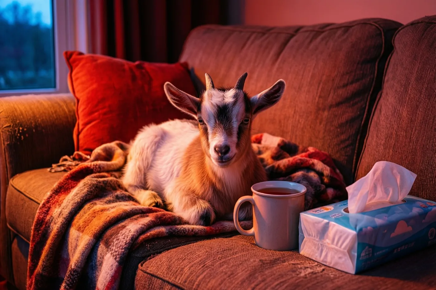 Een jong geitje met kleine hoorntjes ligt onder een deken met een patroon op een bruine zetel, naast een witte mok thee en een blauwe doos zakdoekjes in warm rood-oranje licht.