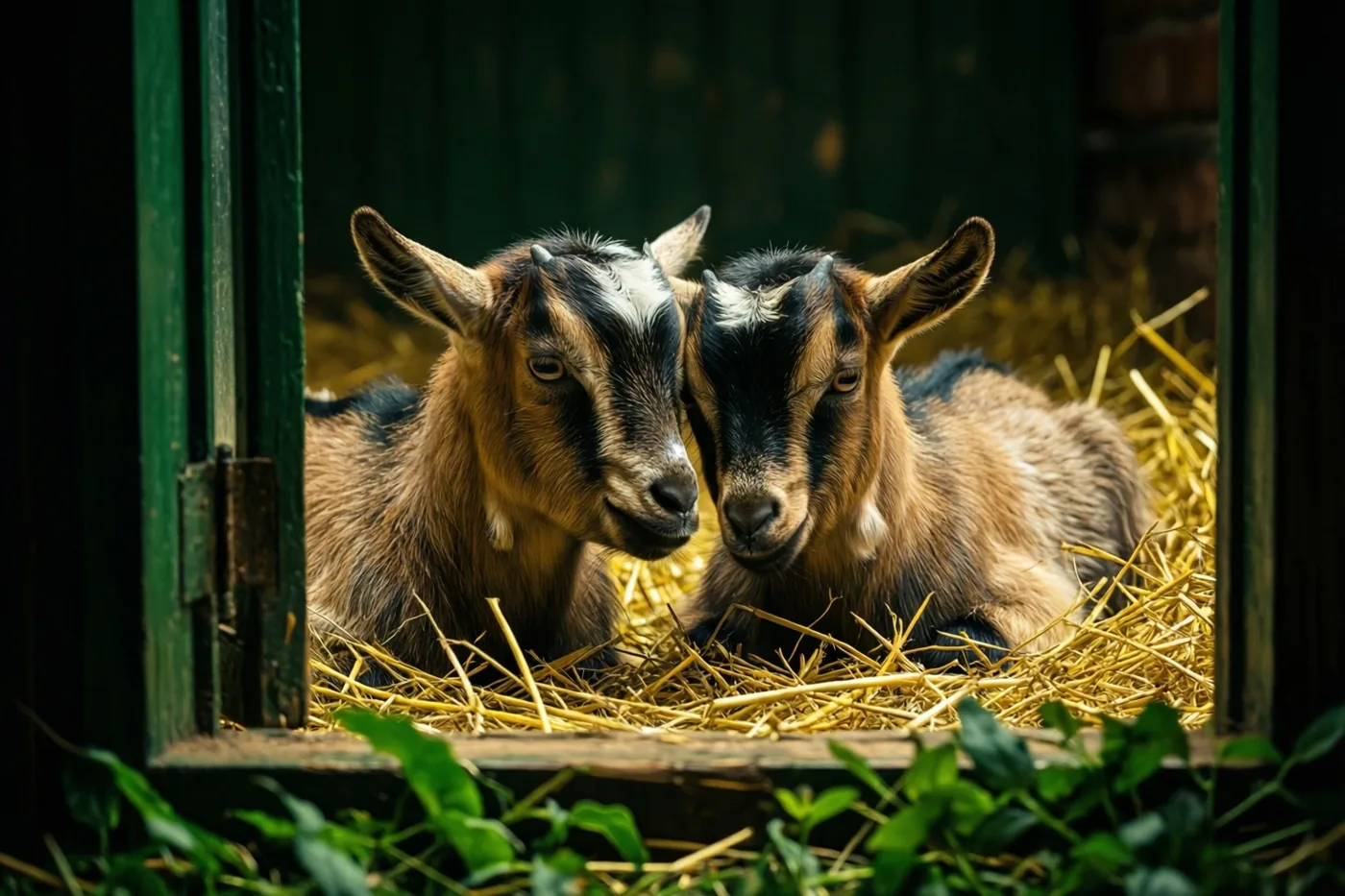 Door een groen houten raamkozijn zijn twee jonge geitjes te zien die in een stal op stro rusten met hun kopjes tegen elkaar.