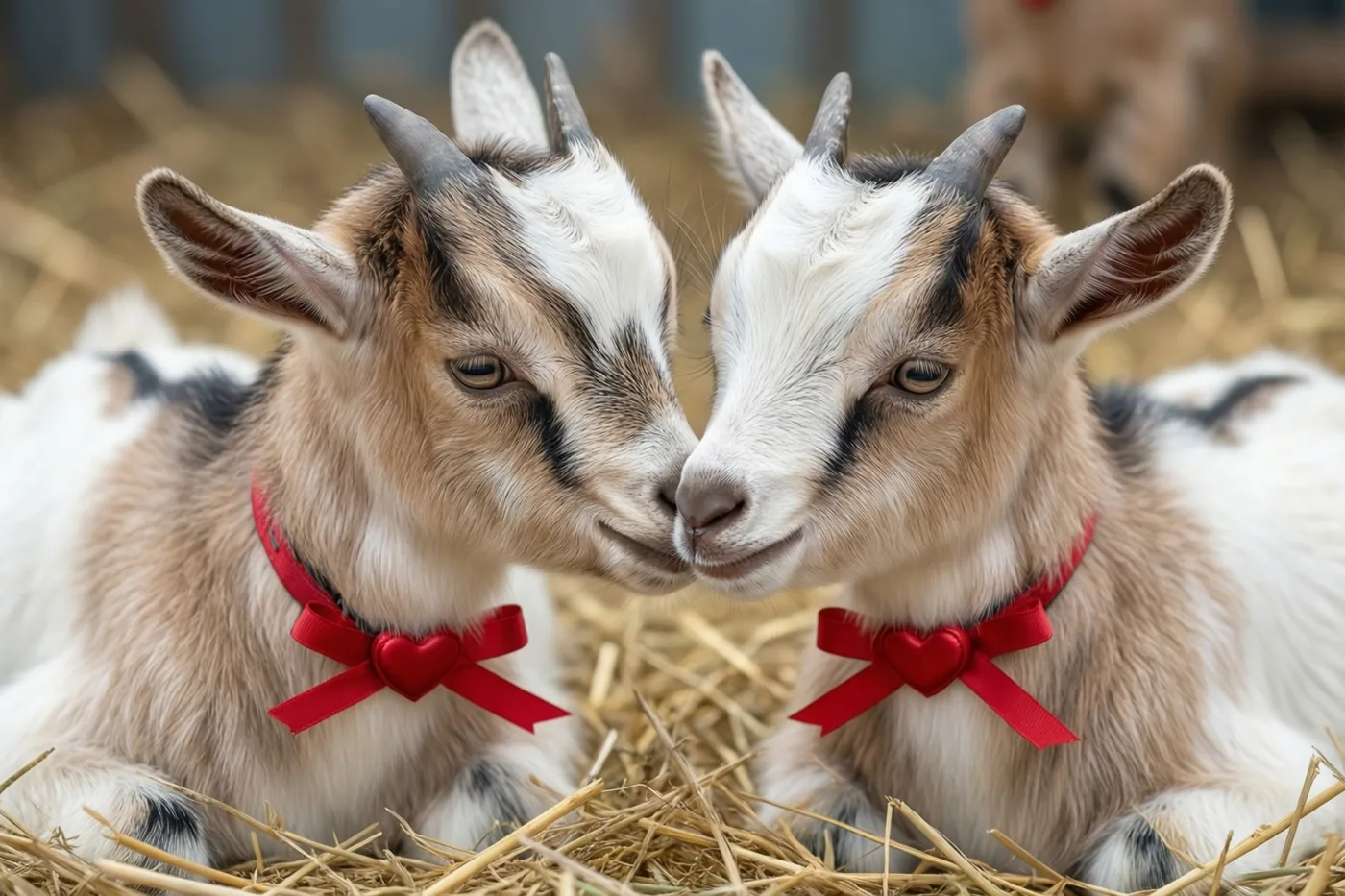Twee jonge geitjes met rode hartvormige strikjes aan hun halsband liggen in stro en snuffelen tegen elkaar aan in zacht licht.