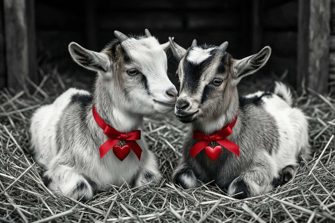 Twee jonge geitjes liggen tegen elkaar te snuffelen in stro op een grotendeels zwart-witte foto, met opvallend rode linten en hartjes aan hun halsbanden.