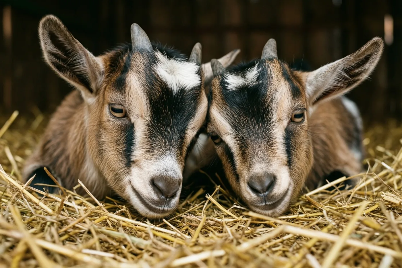 Twee jonge geitjes liggen dicht tegen elkaar op stro in een rustieke stal, met hun kopjes tegen elkaar in warm licht.