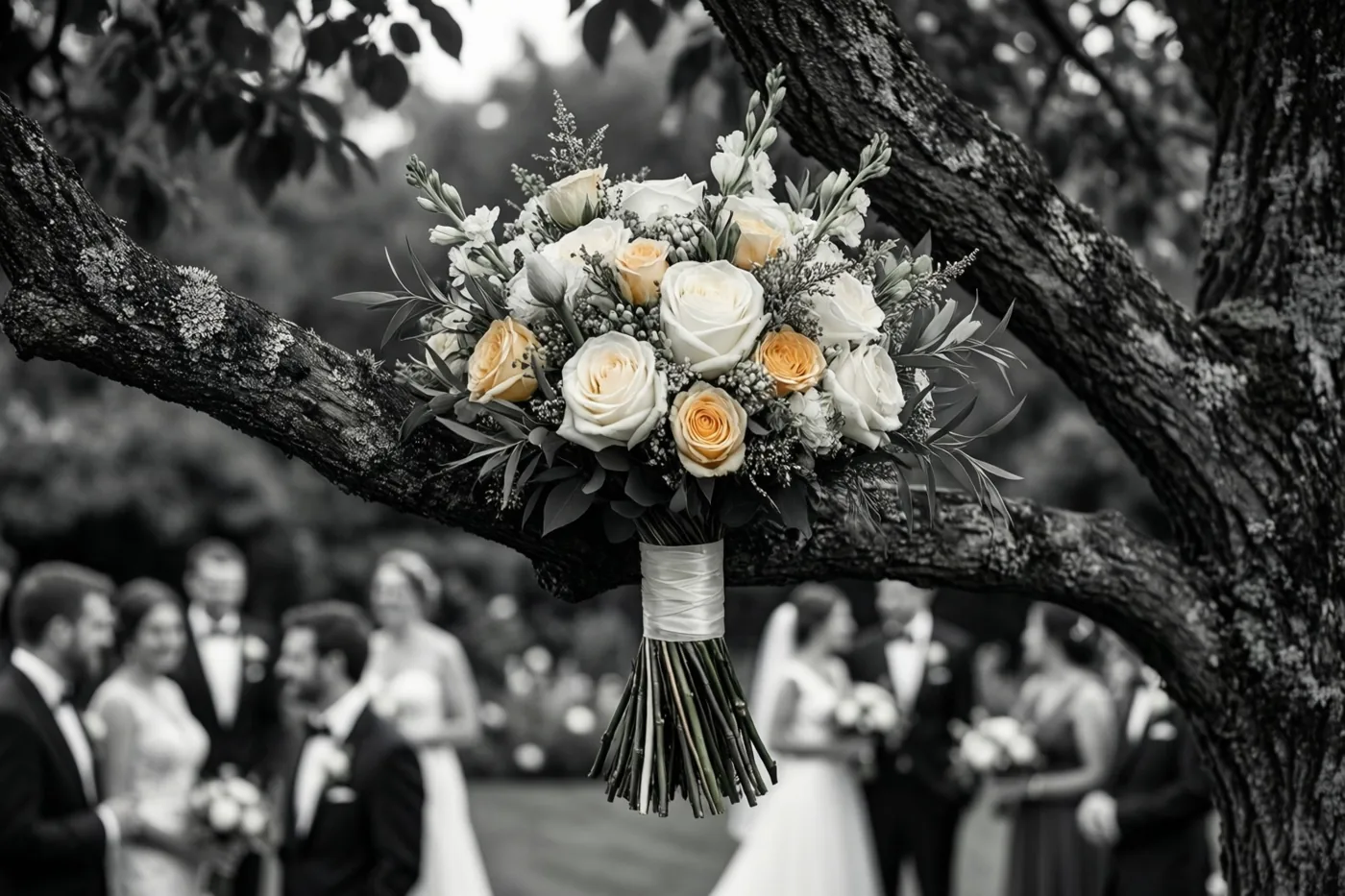 Een boeket met witte en perzikkleurige rozen zit vast in een boomtak en is in kleur weergegeven tegen een zwart-witte achtergrond met een onscherp trouwfeest in een tuin.