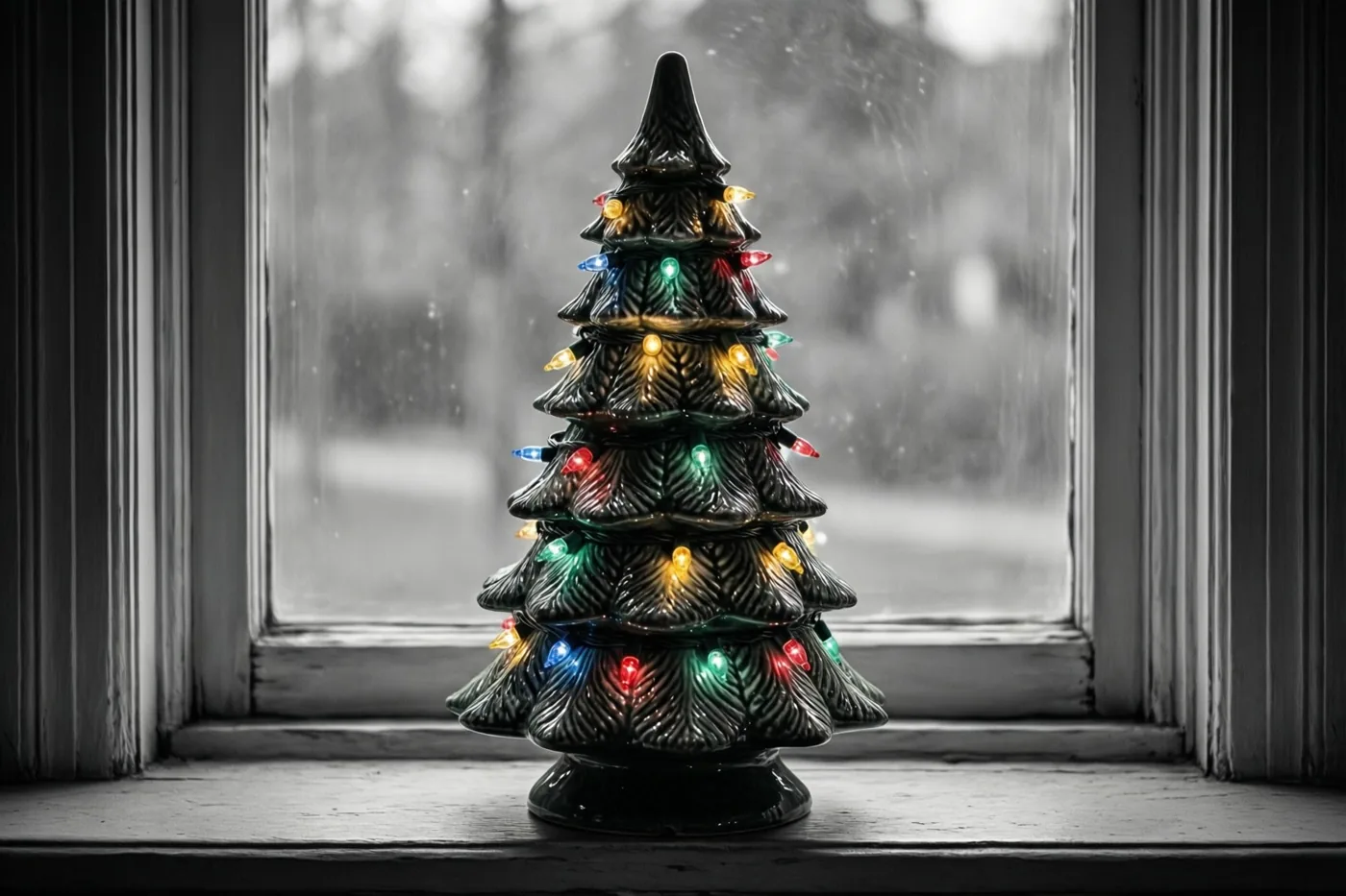 Door een raam met regensporen is een keramieken kerstboompje op de vensterbank te zien in zwart-wit, behalve de brandende gekleurde lichtjes.