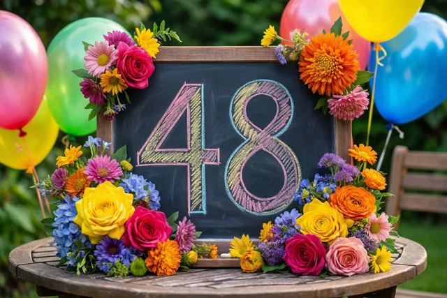 Een krijtbord met 48 in gekleurd krijt staat tussen kleurrijke bloemen en ballonnen op een houten tuintafel voor een onscherpe groene achtergrond.