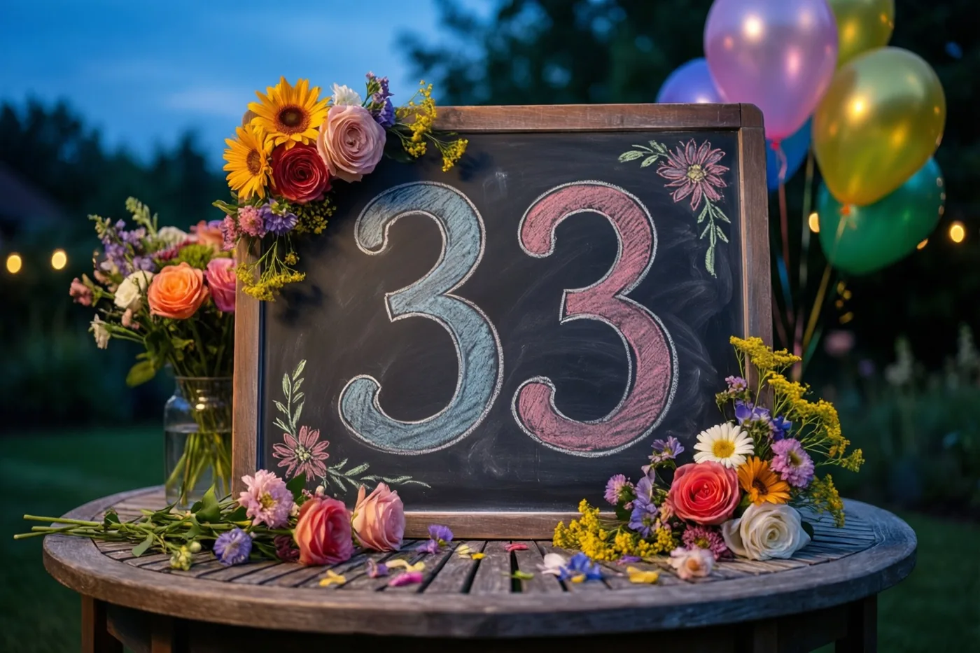 Een krijtbord met 33 in gekleurd krijt staat bij schemering op een houten tuintafel, omringd door verse bloemen en ballonnen.