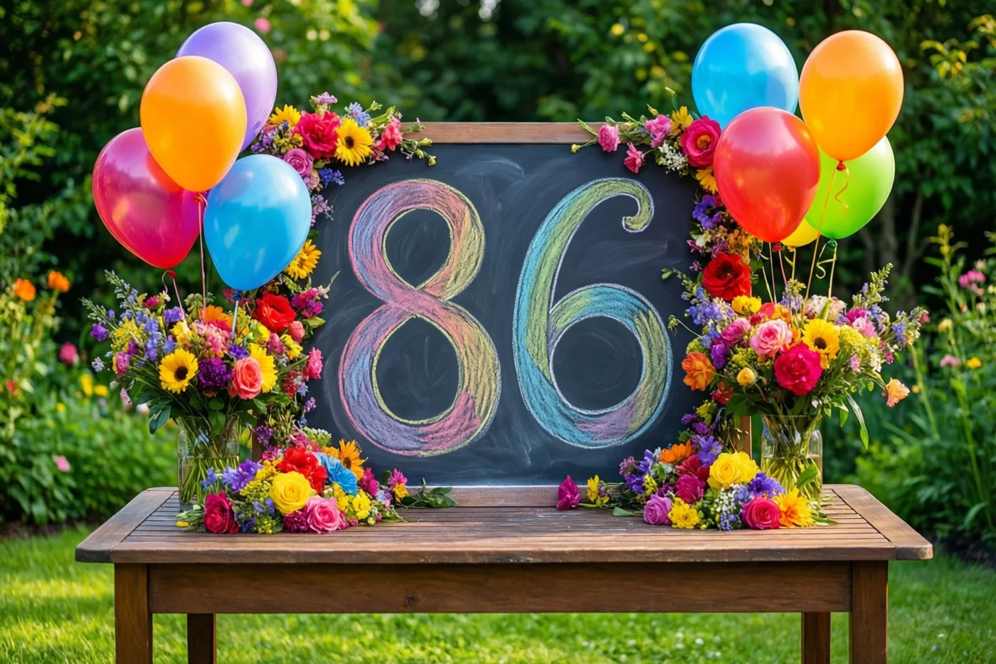 Een krijtbord met 86 in gekleurd krijt staat op een houten tuintafel tussen kleurrijke bloemstukken en ballonnen in een weelderige groene tuin.