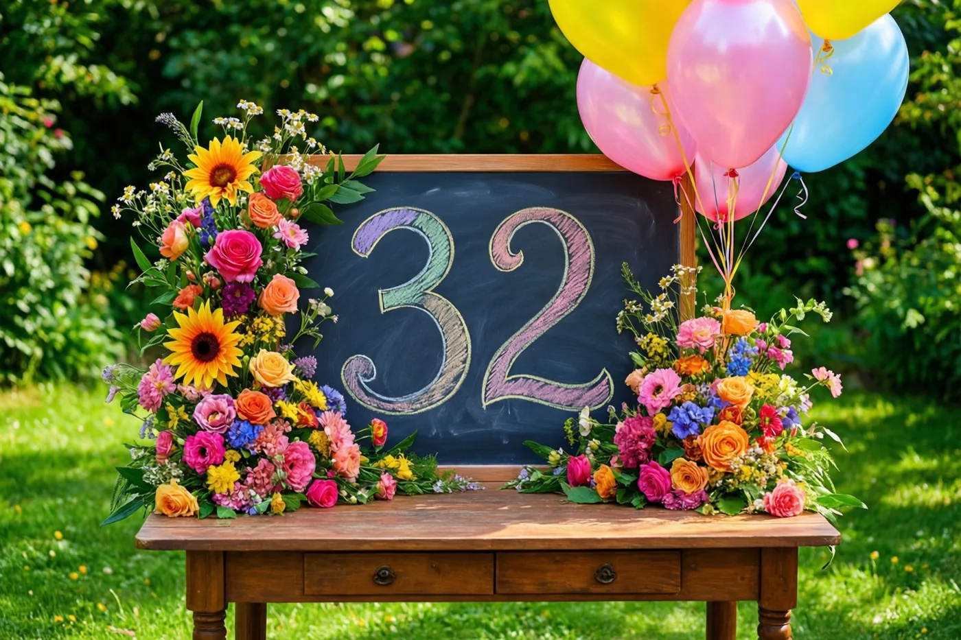 Een krijtbord met 32 in gekleurd krijt staat op een houten tuintafel tussen kleurrijke bloemstukken en ballonnen in een zonnige groene tuin.