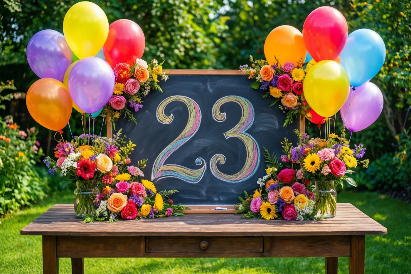 Een krijtbord met 23 in gekleurd krijt staat op een houten tuintafel tussen kleurrijke bloemstukken en ballonnen in een zonnige, groene tuin.