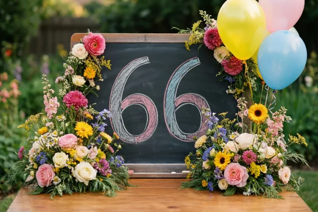 Een krijtbord met het getal 66 in gekleurd krijt staat tussen kleurrijke bloemstukken en ballonnen op een houten tafel in een weelderige tuin.