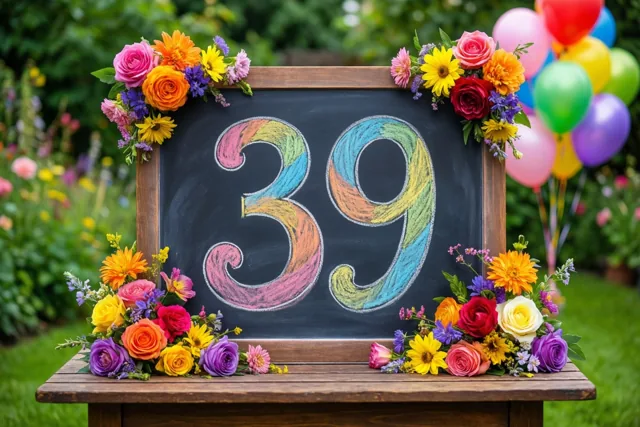 Een krijtbord met 39 in gekleurd krijt staat op een houten tuintafel tussen kleurrijke bloemstukken en ballonnen in een groene tuin.