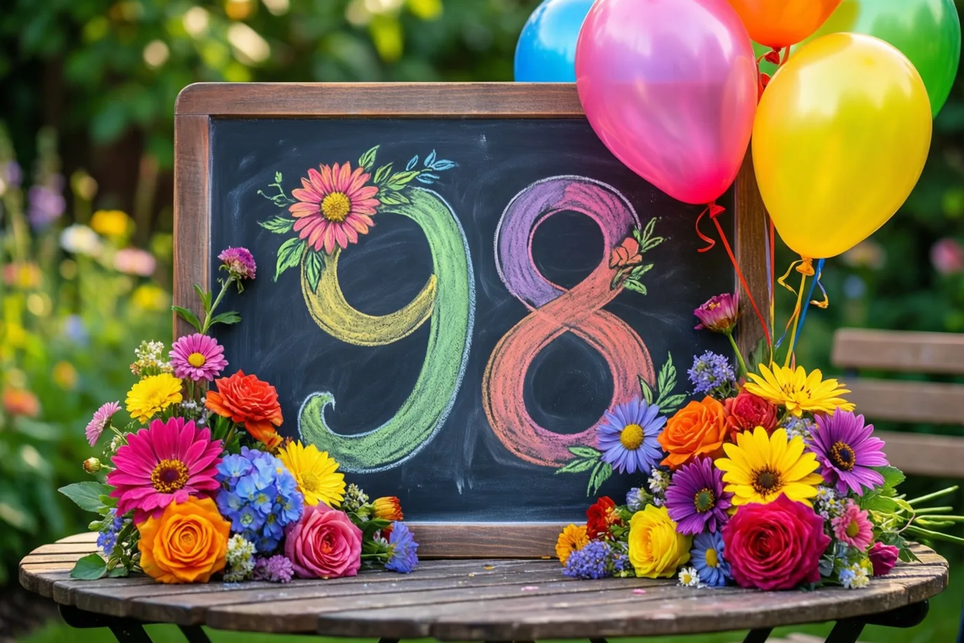 Een krijtbord met 98 in gekleurd krijt staat op een houten tuintafel tussen felle bloemen en ballonnen, met onscherp groen op de achtergrond.