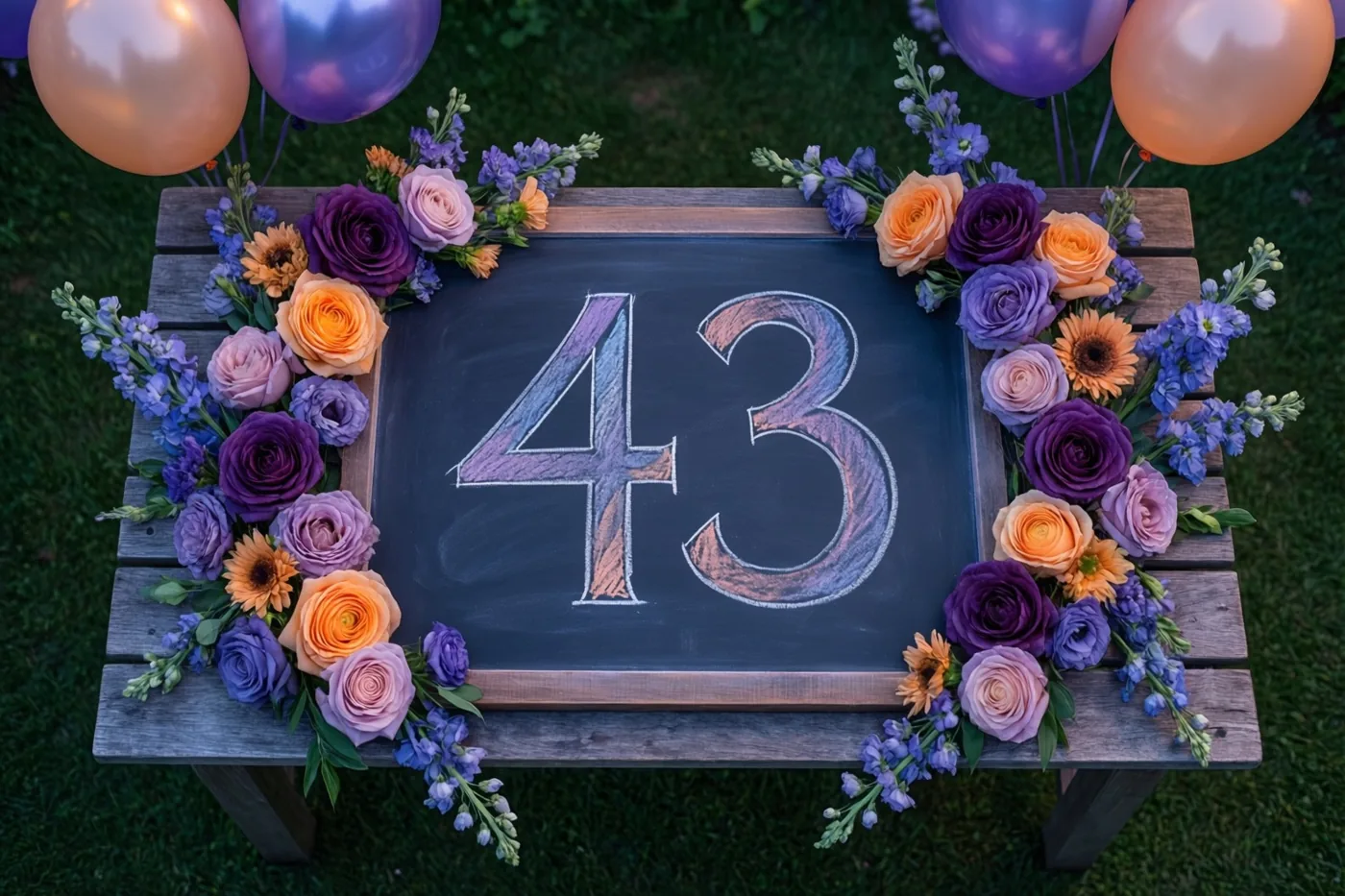 Een krijtbord met 43 in gekleurd krijt staat tussen bloemen op een houten tuintafel op het gras, met ballonnen op de achtergrond.