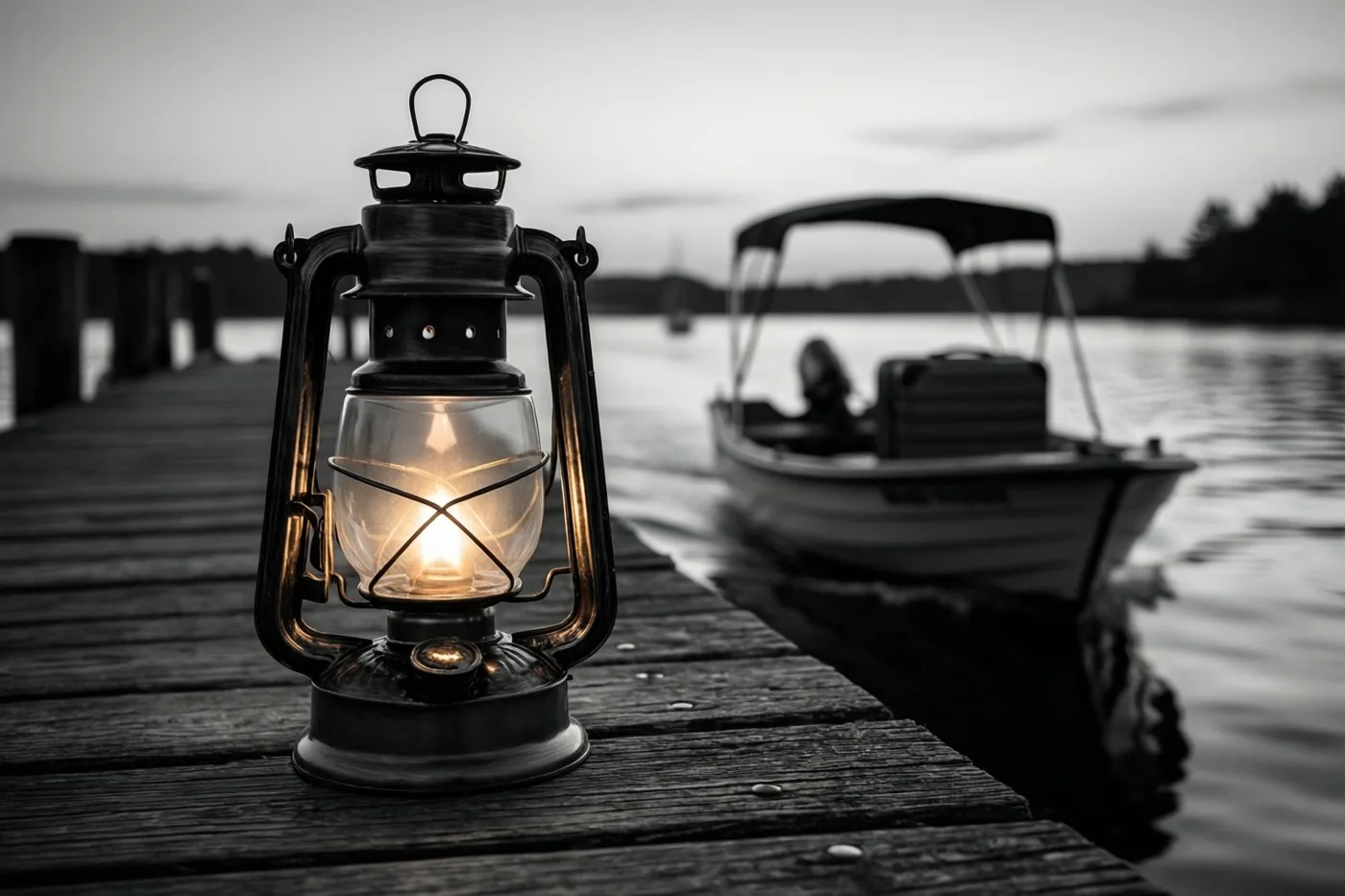Een lantaarn brandt op een houten steiger bij een wegvarend bootje met een koffer, in een monochroom beeld waarin alleen het lantaarnlicht kleur heeft.