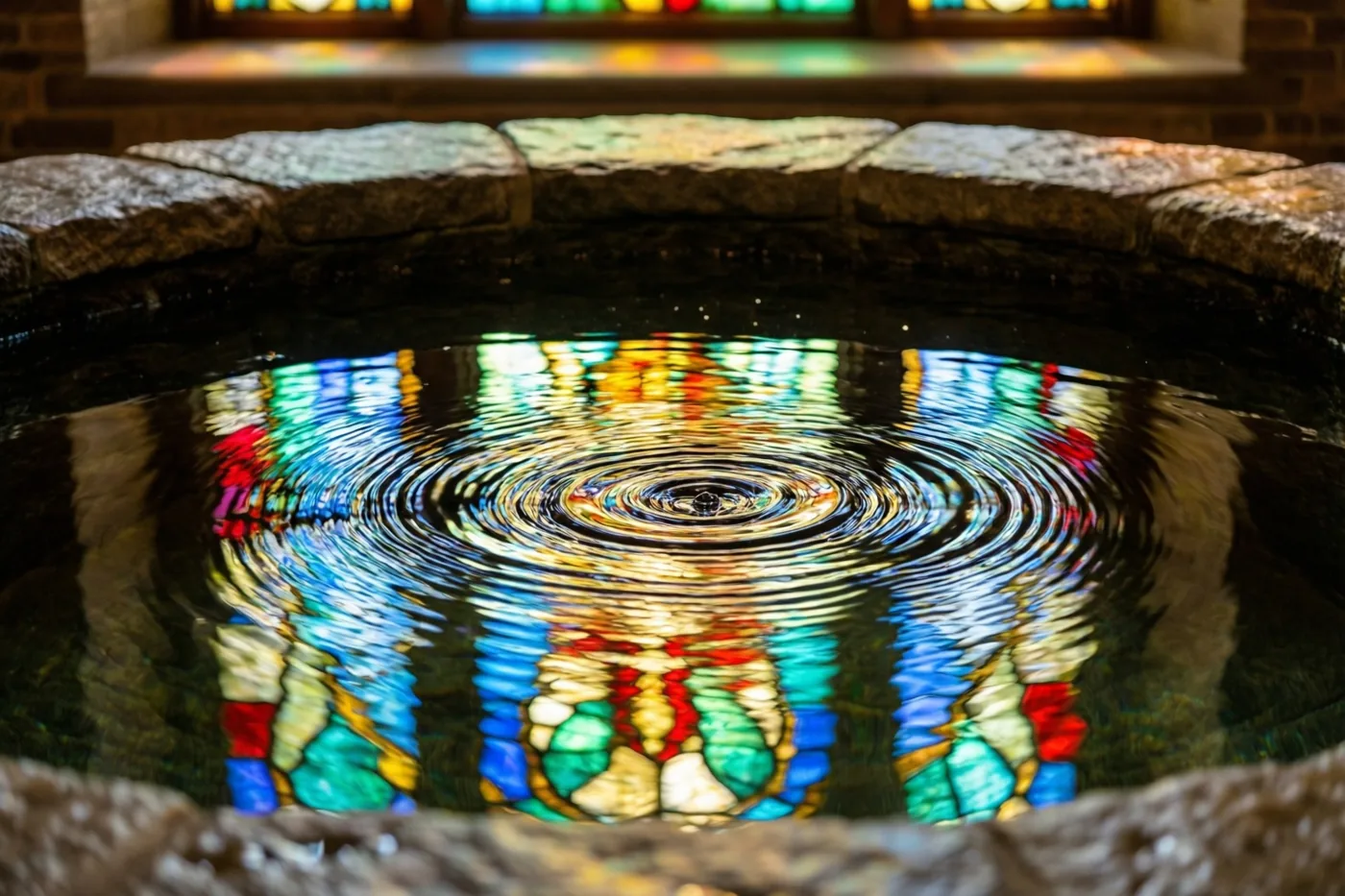 Rimpelend water in een stenen doopvont weerspiegelt een kleurrijk glas-in-loodraam met vooral blauwe, groene en rode tinten in warm binnenlicht.