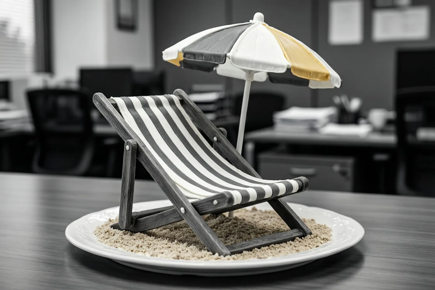 Een gekleurd minitaartje in de vorm van een gestreepte ligstoel met een strandparasol staat op een bord met zand op een tafel in een verder zwart-witte kantooromgeving.