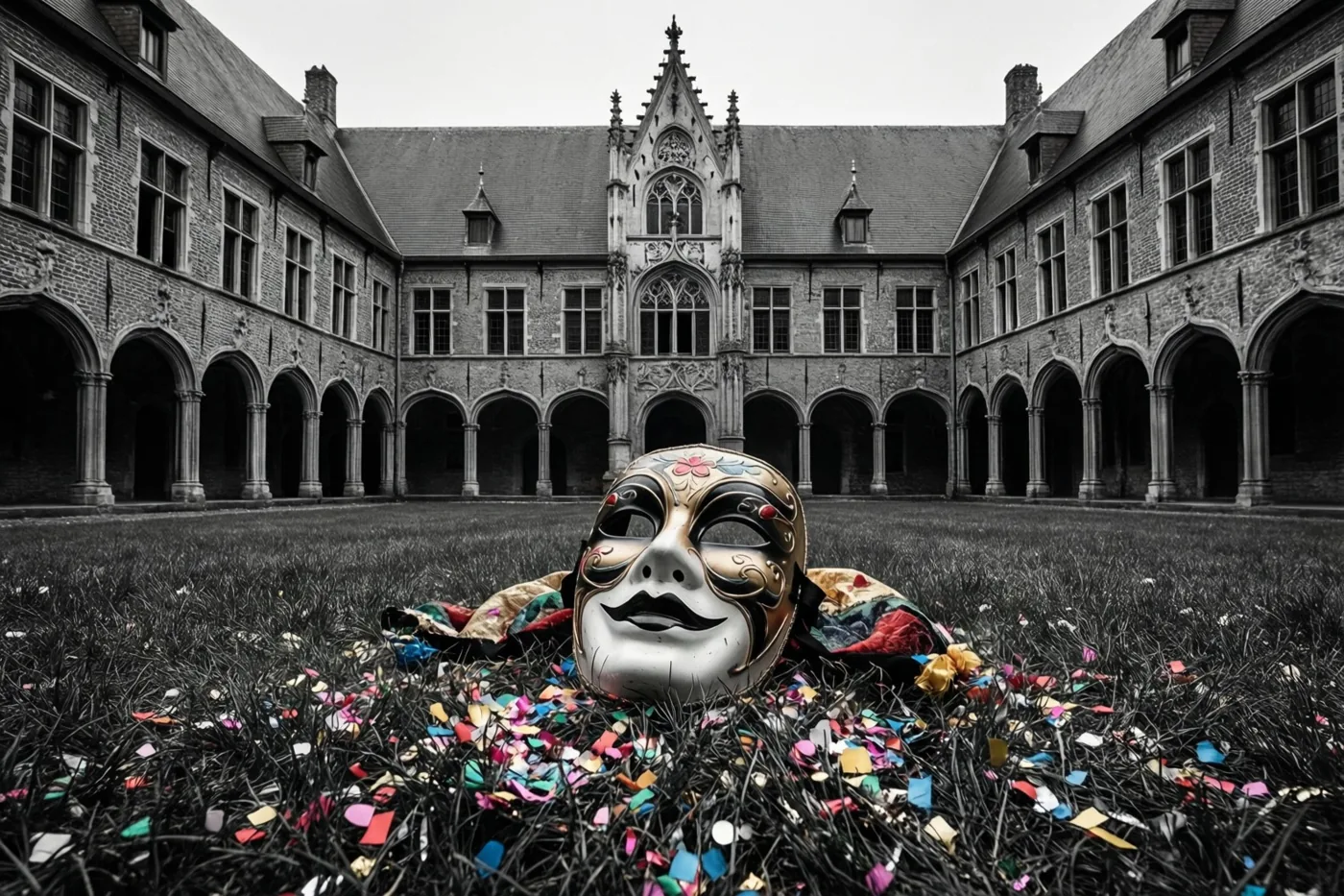 Een felgekleurd carnavalsmasker en kleurrijke confetti liggen op het gras van een gotische binnenplaats die verder in zwart-wit is weergegeven.