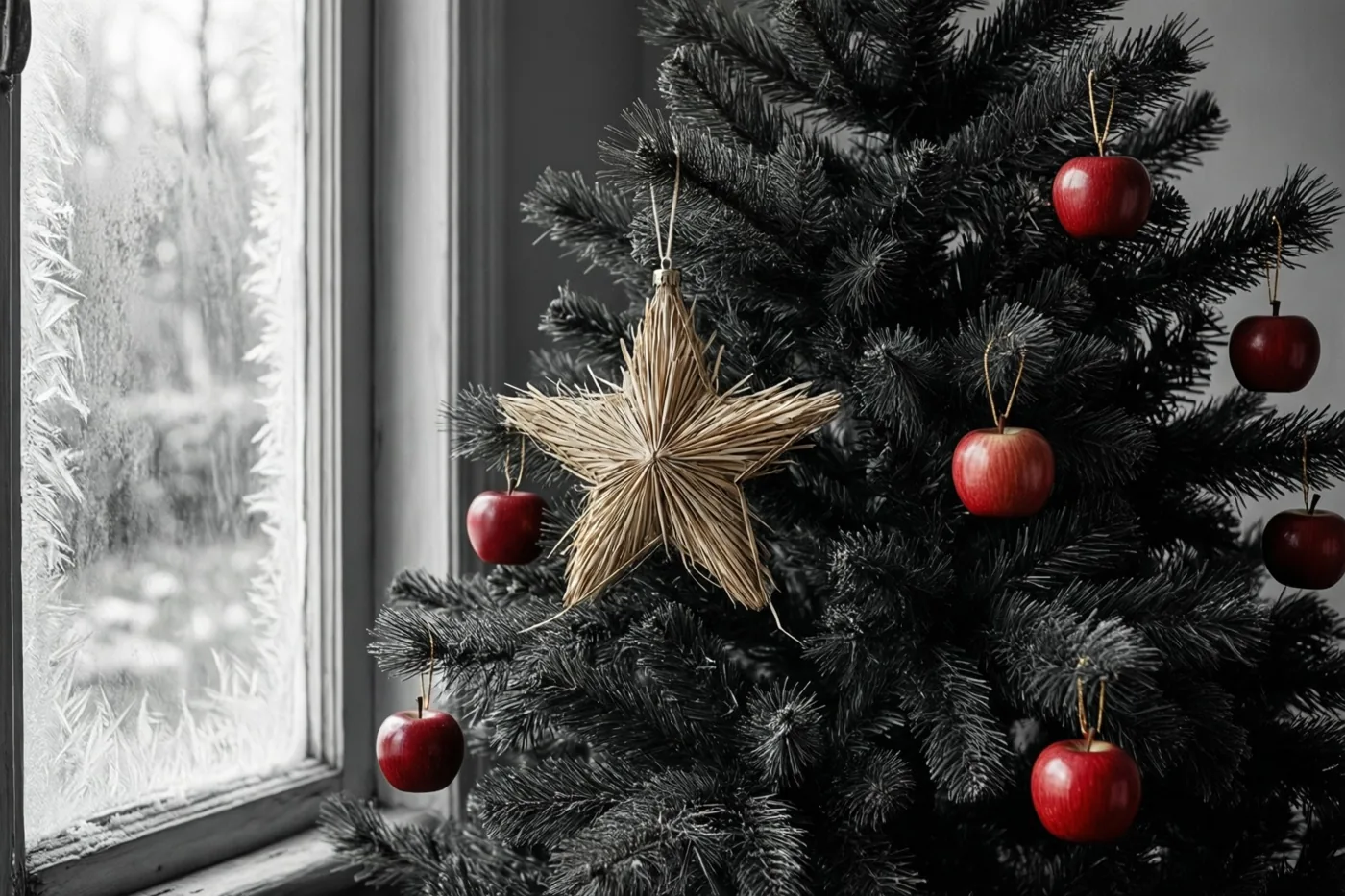 Een kerstboom met een stroster en rode appels staat naast een berijpt raam in een beeld waarin alleen de appels en de stroster kleur hebben.