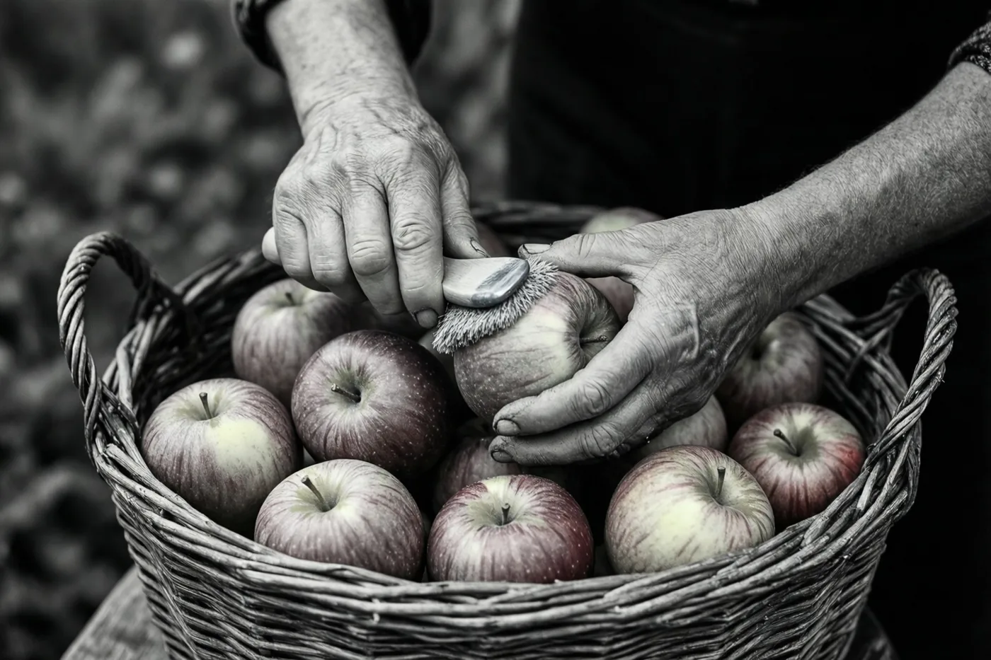 Gerimpelde handen poetsen rode en groene appels in een gevlochten mand, in een grotendeels monochroom beeld waarin de appels hun kleur behouden.