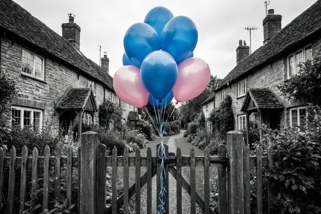 Blauwe en roze ballonnen zijn aan een houten tuinhek gebonden in een dorpsstraat met stenen huisjes, waarbij alleen de ballonnen kleur hebben in het zwart-witbeeld.