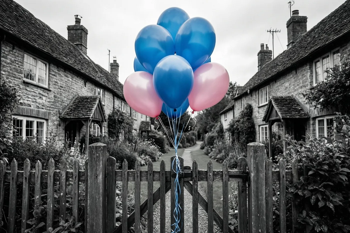 Blauwe en roze ballonnen zijn aan een houten tuinhek gebonden in een dorpsstraat met stenen huisjes, waarbij alleen de ballonnen kleur hebben in het zwart-witbeeld.