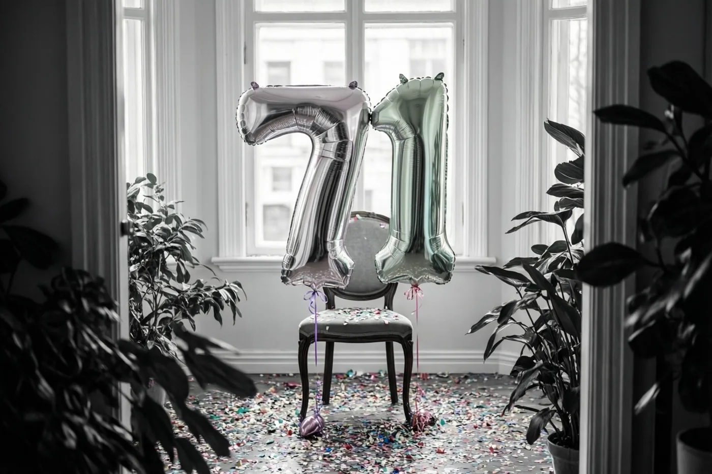 Folieballonnen in de vorm van 7 en 1 hangen aan een stoel, met gekleurde confetti op de vloer in een verder grotendeels zwart-witte kamer.