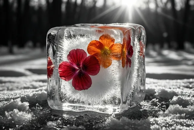 Winterlicht door bevroren bloemen