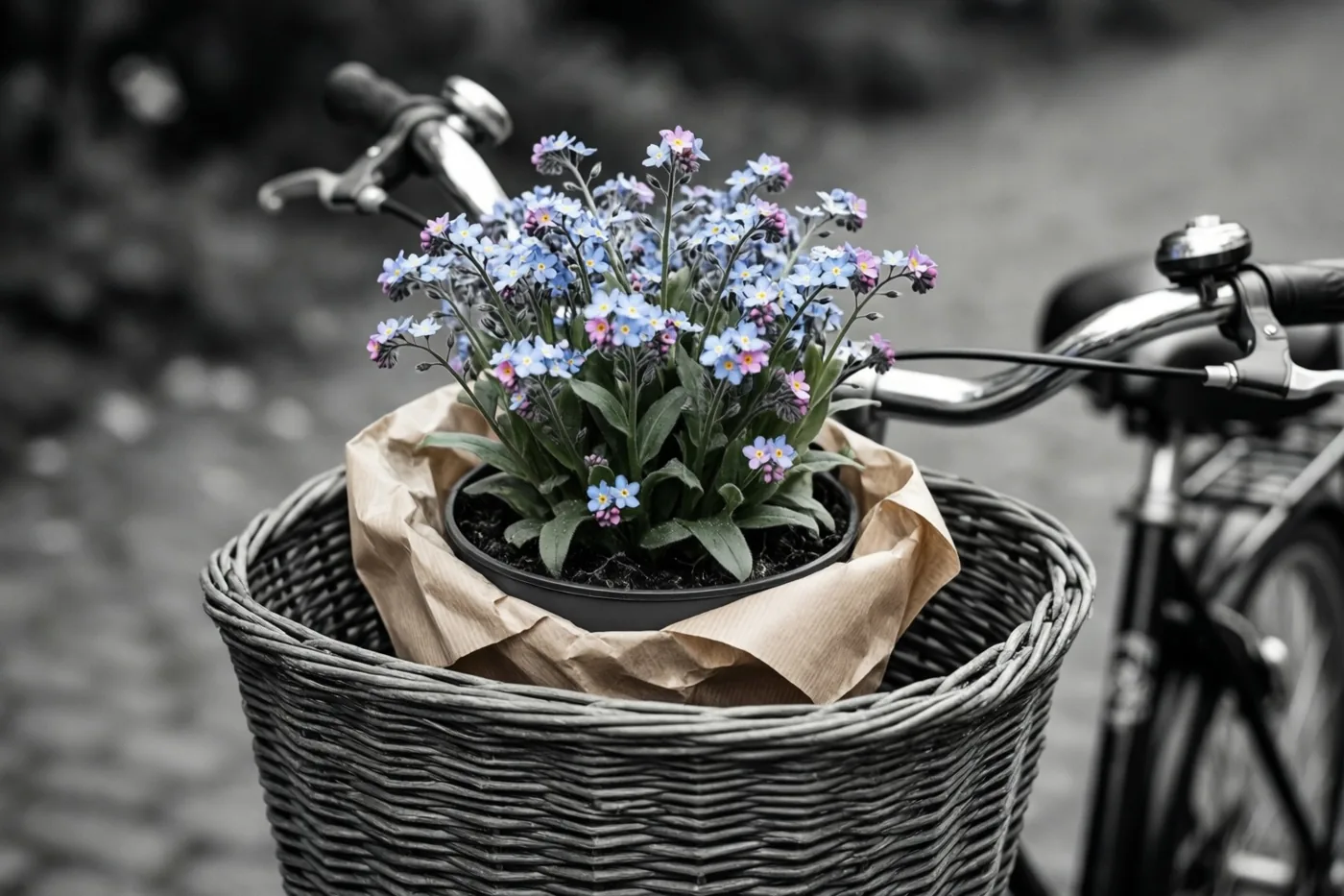Een potje vergeet-mij-nietjes in bruin papier staat in een gevlochten fietsmand, waarbij alleen de bloemen kleur hebben in het zwart-witte beeld.