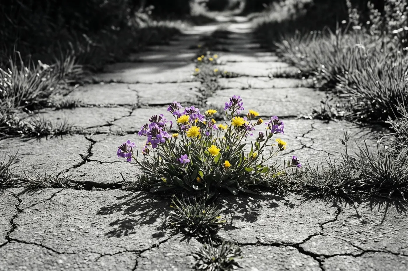 Paarse en gele wilde bloemen groeien in fel zonlicht door de barsten van een verweerd stenen pad dat verder in zwart-wit is weergegeven.