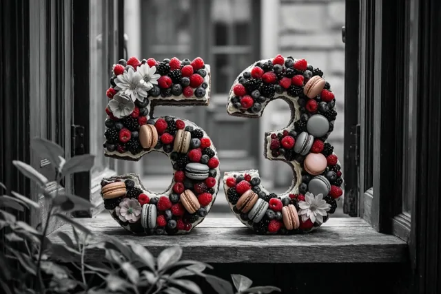 Twee taartcijfers vormen 53 op een houten vensterbank, met gekleurde bessen, macarons en eetbare bloemen in een verder zwart-witbeeld.