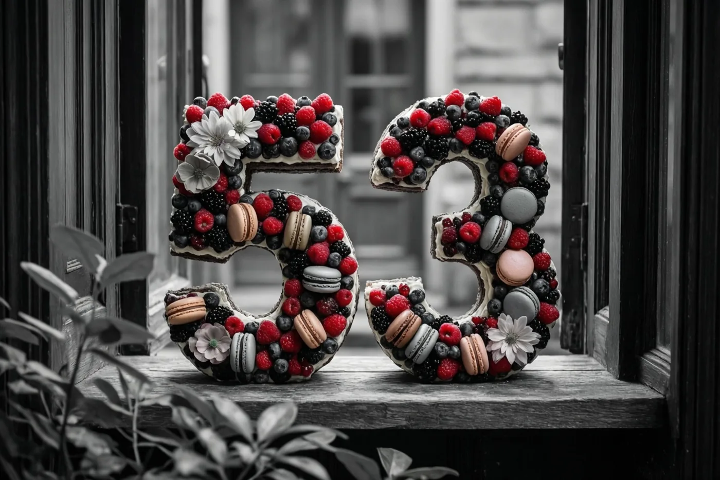 Twee taartcijfers vormen 53 op een houten vensterbank, met gekleurde bessen, macarons en eetbare bloemen in een verder zwart-witbeeld.