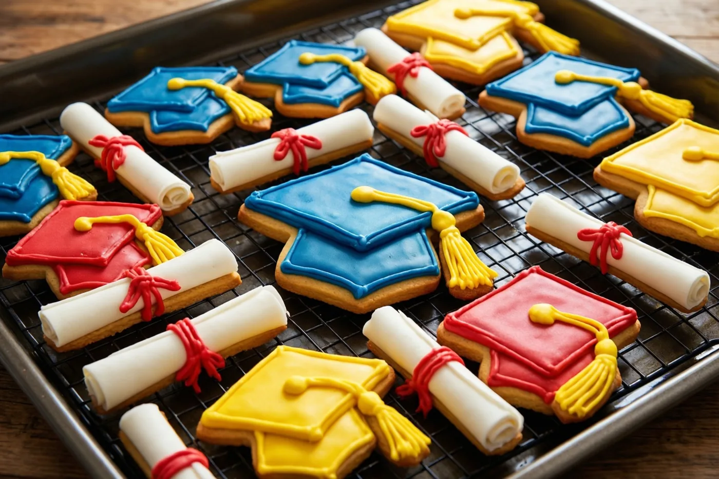 Goudbruine koekjes in de vorm van afstudeerhoedjes en diploma's met blauw, geel en rood glazuur koelen af op een zwart rooster in een metalen bakplaat.
