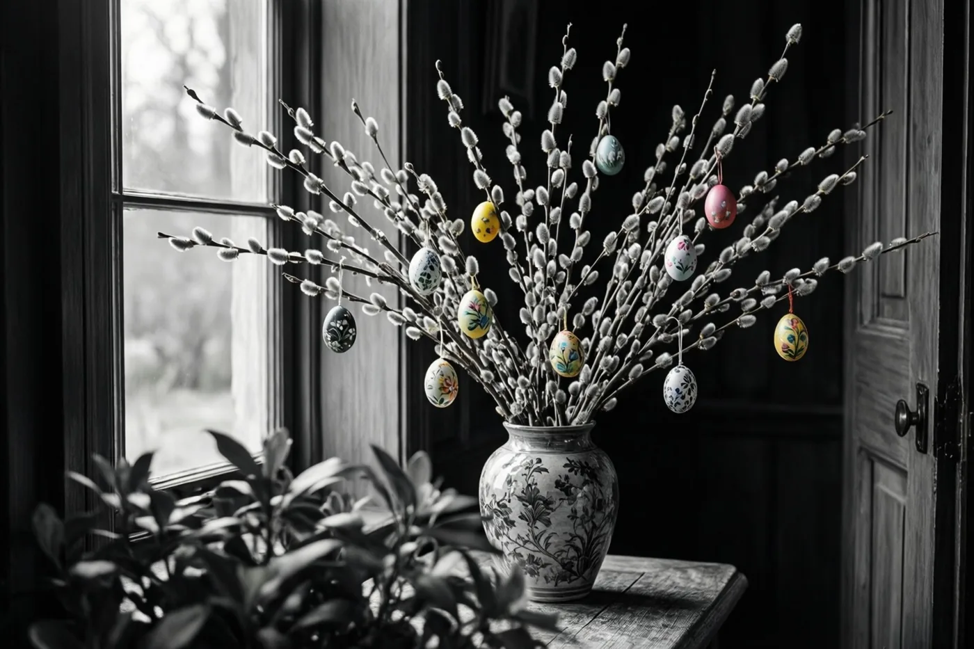 Een vaas met wilgentakken en felgekleurde paaseieren staat op een houten ondergrond bij een raam tegen een grotendeels zwart-witte achtergrond.