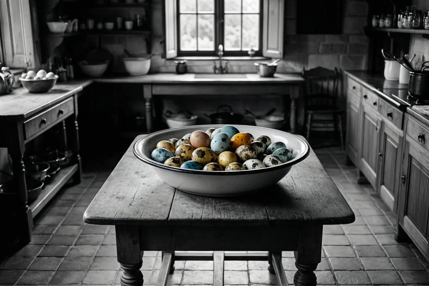 Een grote kom met felgekleurde eieren staat op een houten tafel in een landelijke keuken met tegelvloer, waarbij alles behalve de eieren in zwart-wit is weergegeven.