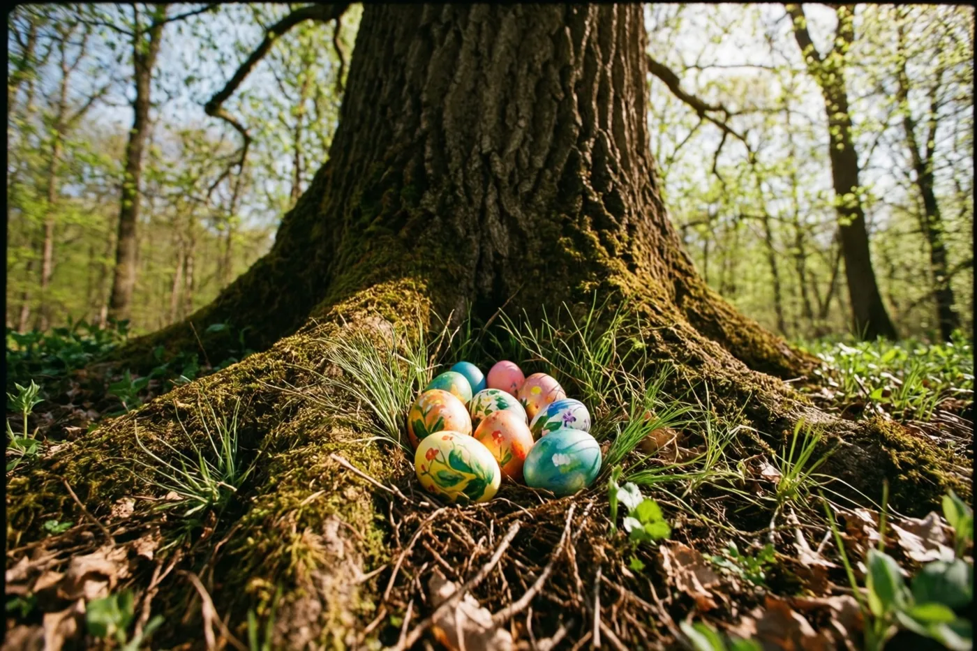 Kleurrijk beschilderde paaseieren liggen tussen mos en gras aan de voet van een grote eik met een ruwe stam in een zonnig lentebos.