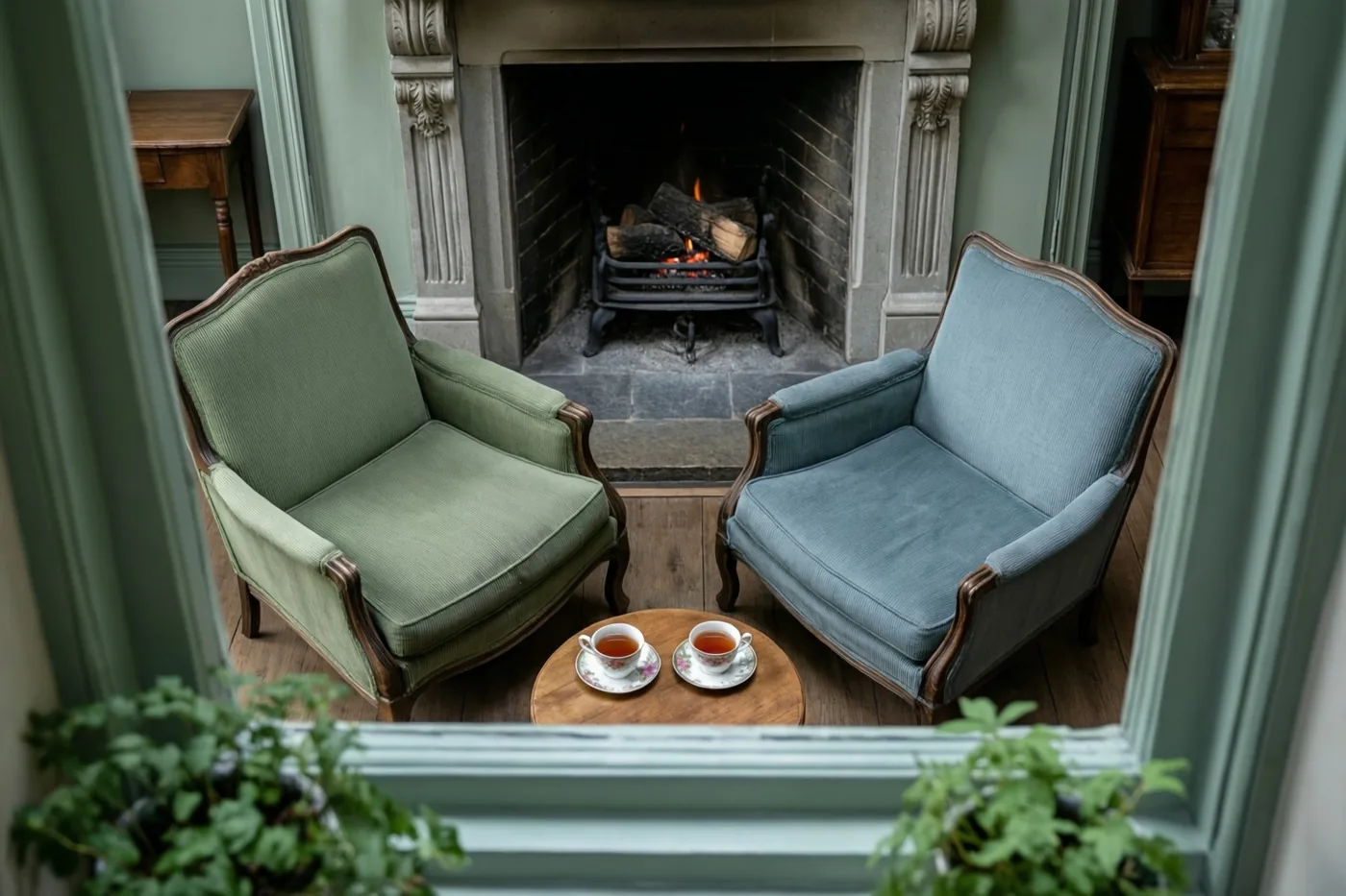 Door een lichtgroen raamkozijn zijn een groene en een blauwe oude fauteuil te zien bij een houten tafeltje met twee kopjes thee voor een brandende haard, met planten op de voorgrond.