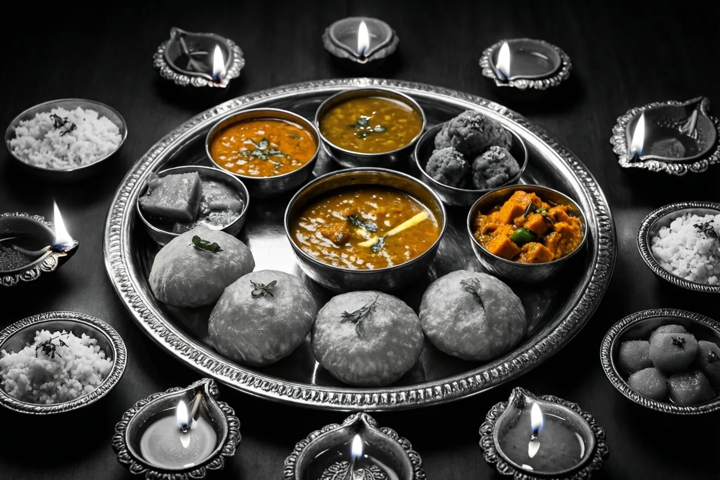 Een zilveren thali met puri, dal en paneercurry staat tussen brandende olielampjes op een donkere ondergrond, waarbij het eten en de vlammen gekleurd zijn tegen een monochrome achtergrond.